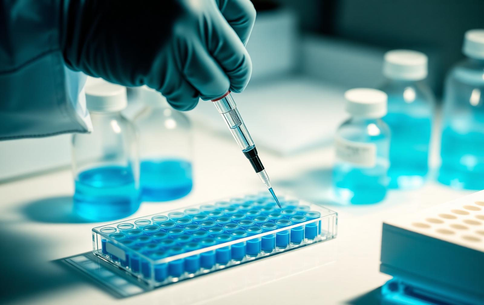 Wissenschaftlerin pipettiert Probe in 96-Well-Platte